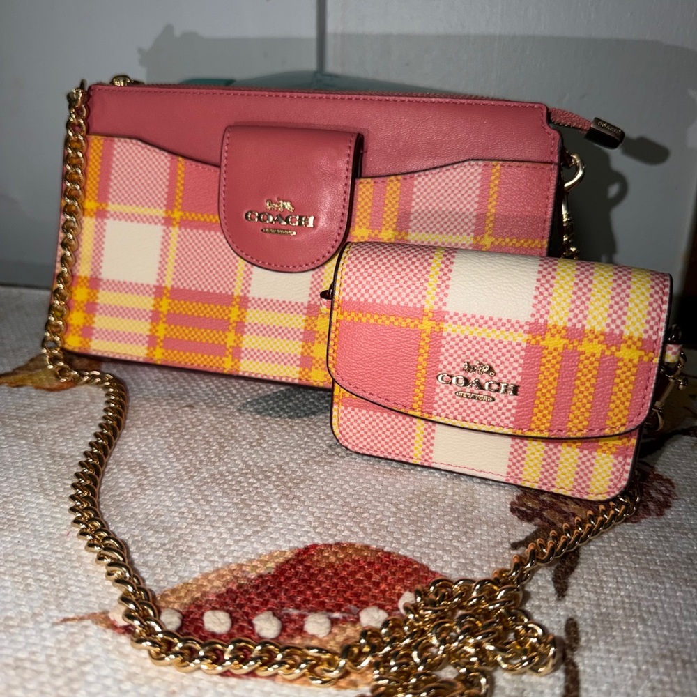 Coach Poppy Crossbody With Garden Plaid Print Gold/Taffy Multi